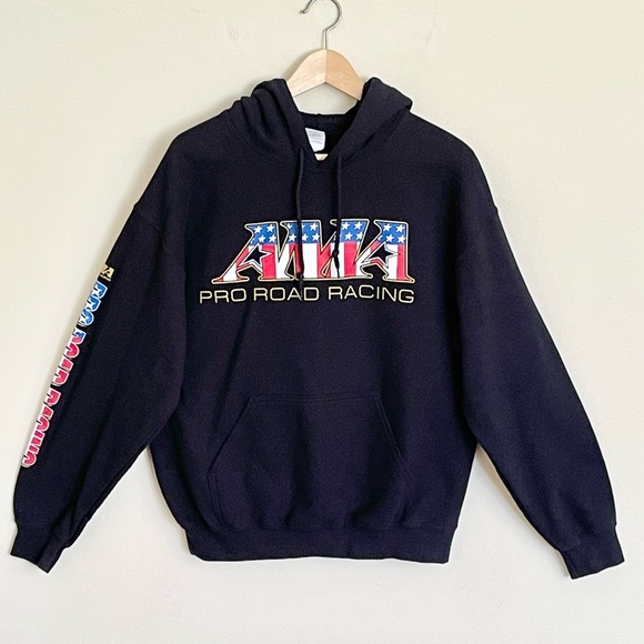Vintage Y2K AMA Pro Road Racing Motorcycle Heavyweight Black Hoodie Adult Medium - Picture 2 of 10
